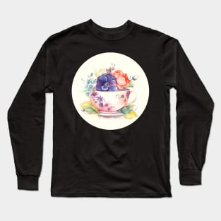 Whimsical Teacup with Flowers Long Sleeve T-Shirt